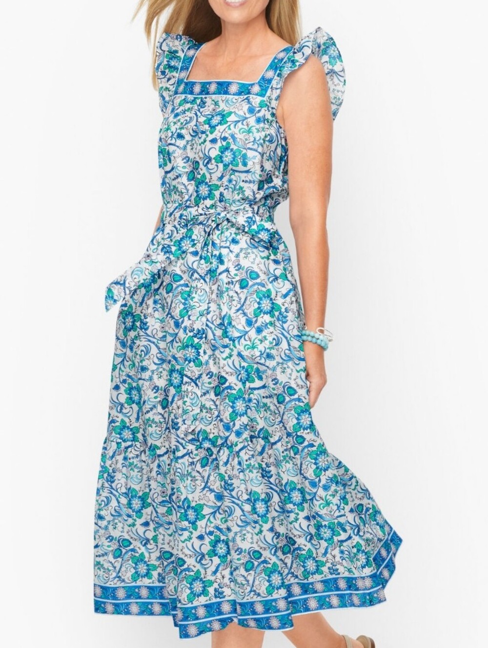 Talbots Voile Square Neck Ruffle Floral Midi Dress Blue White